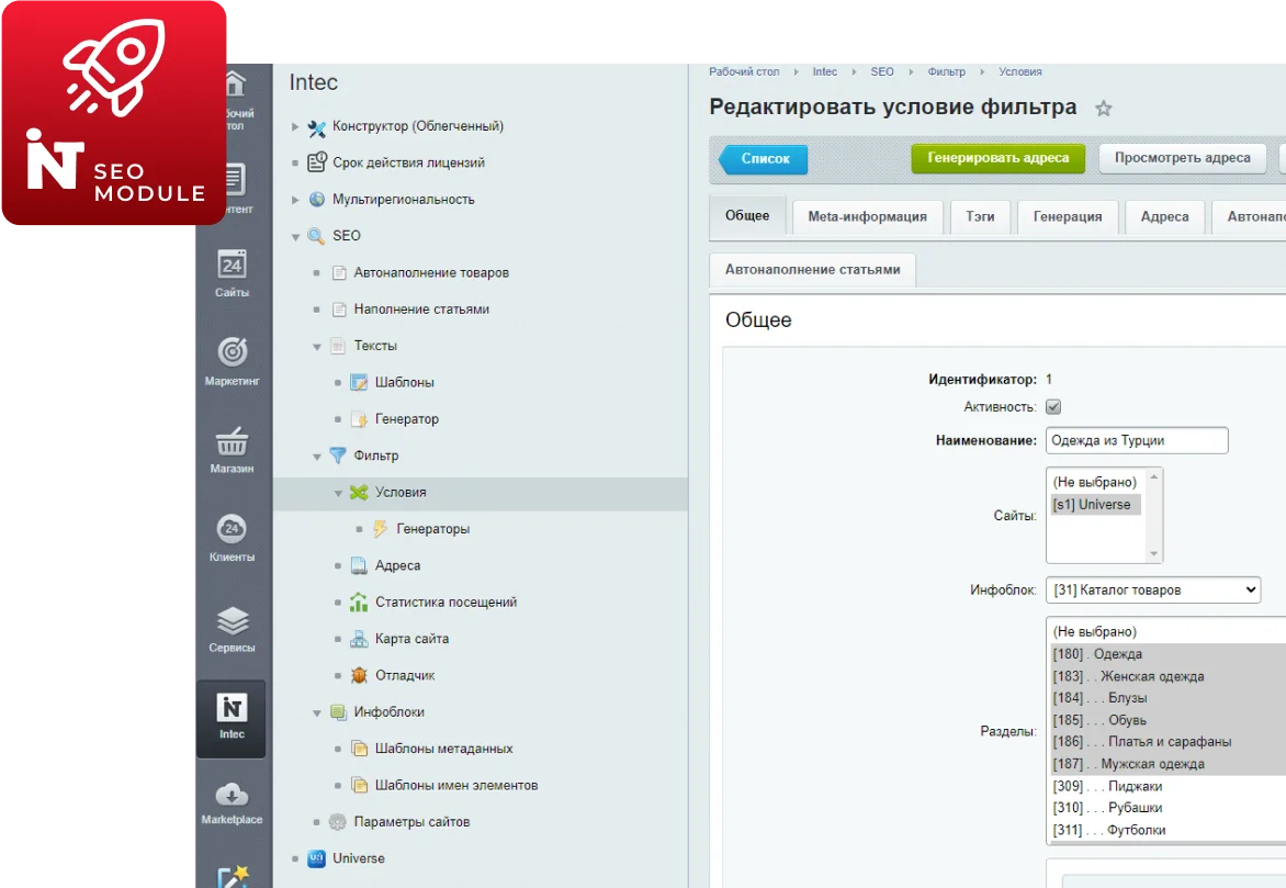 Интерфейс SEO-модуля